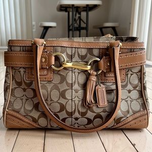 Coach Hampton Brown Leather Signature Monogram Tote Bag